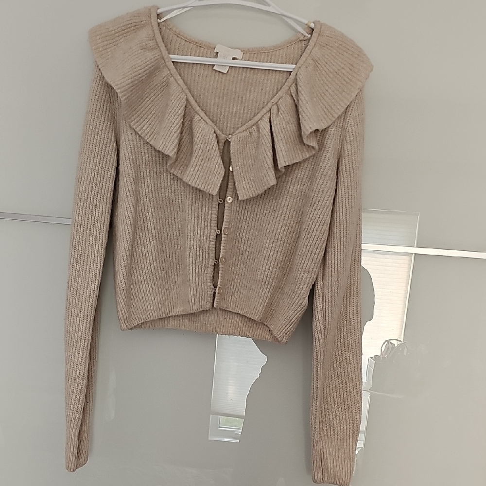 H&M Cream Cardigan with Ruffled Neckline